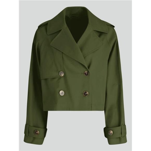 Womens Cropped Trench Coat Lapel Double Breasted Green - Picture 2 of 5